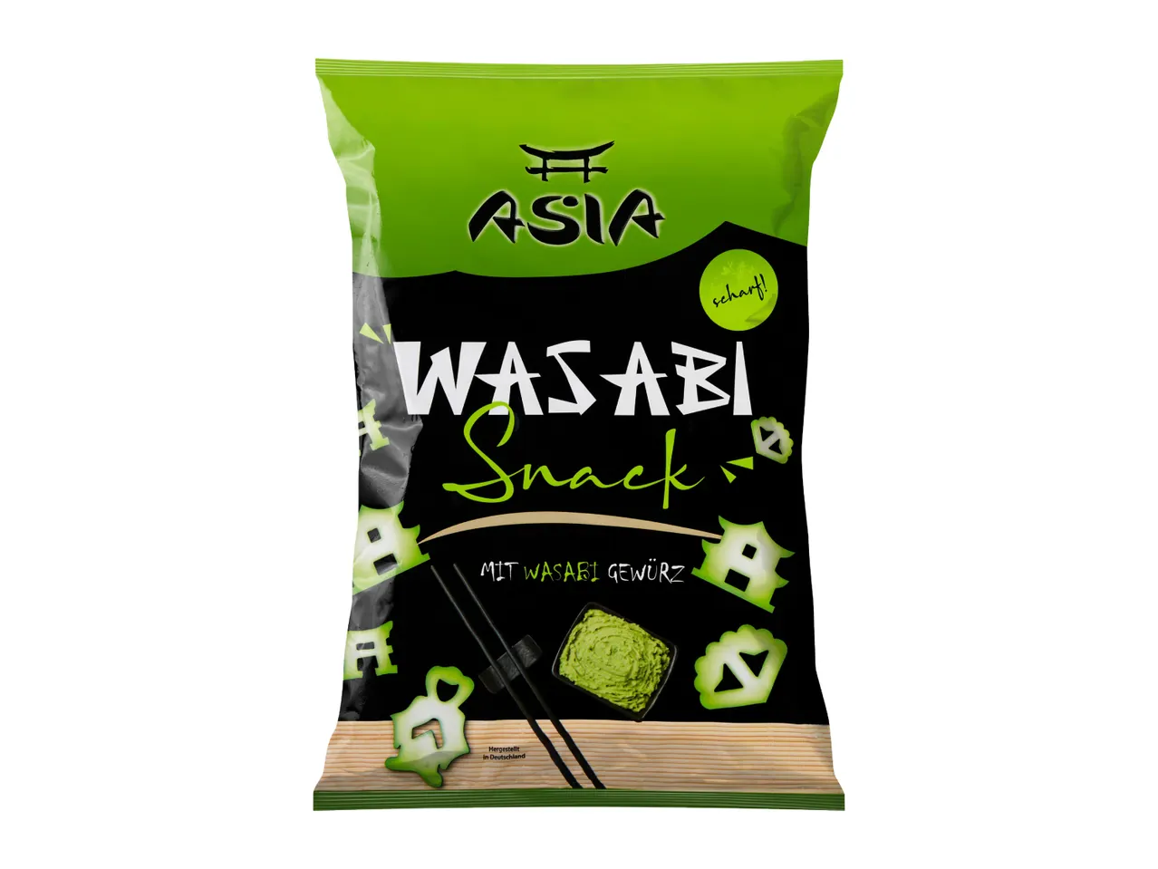 Green and black bag of Wasabi Snack with wasabi seasoning, showing wasabi paste and chopsticks.