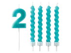 Teal number 2 candle and four spiral candles.
