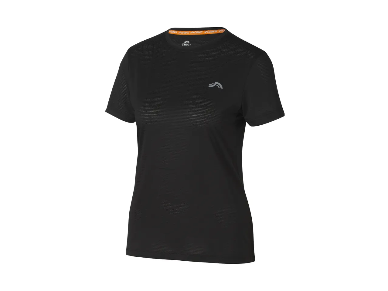 Black short-sleeved athletic t-shirt with a subtle textured pattern and a small grey logo.