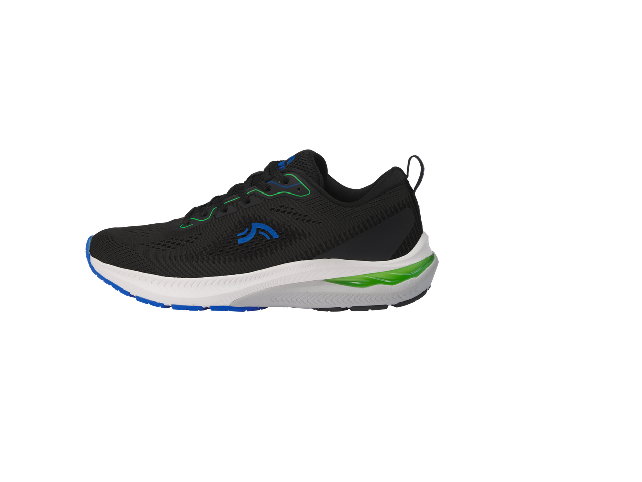 Must jooksujalats siniste ja roheliste detailidega.