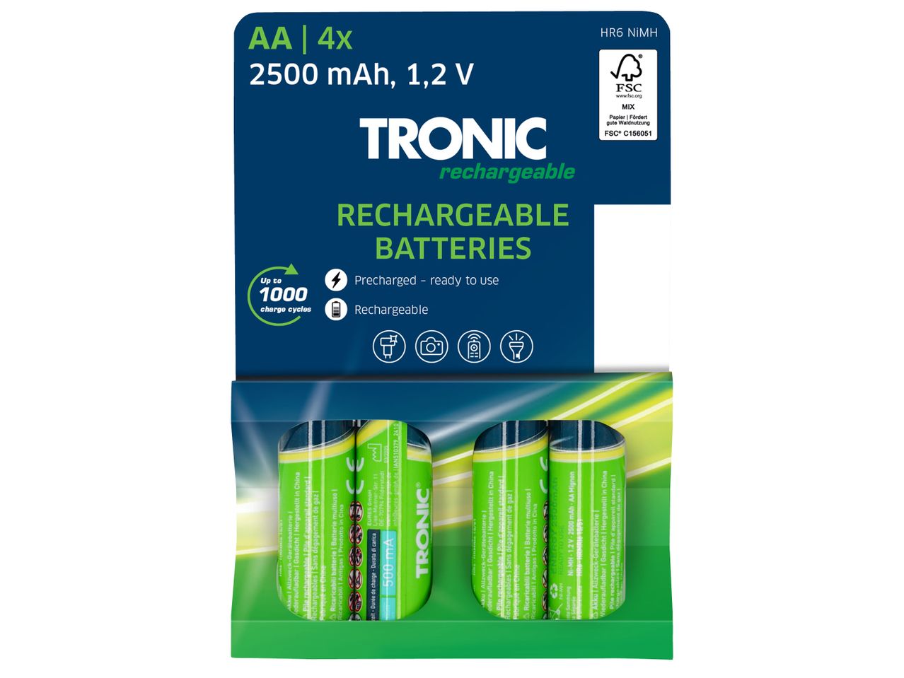 Опаковка от четири зареждащи се акумулаторни батерии Tronic® AA 2500 mAh, 1,2 V.