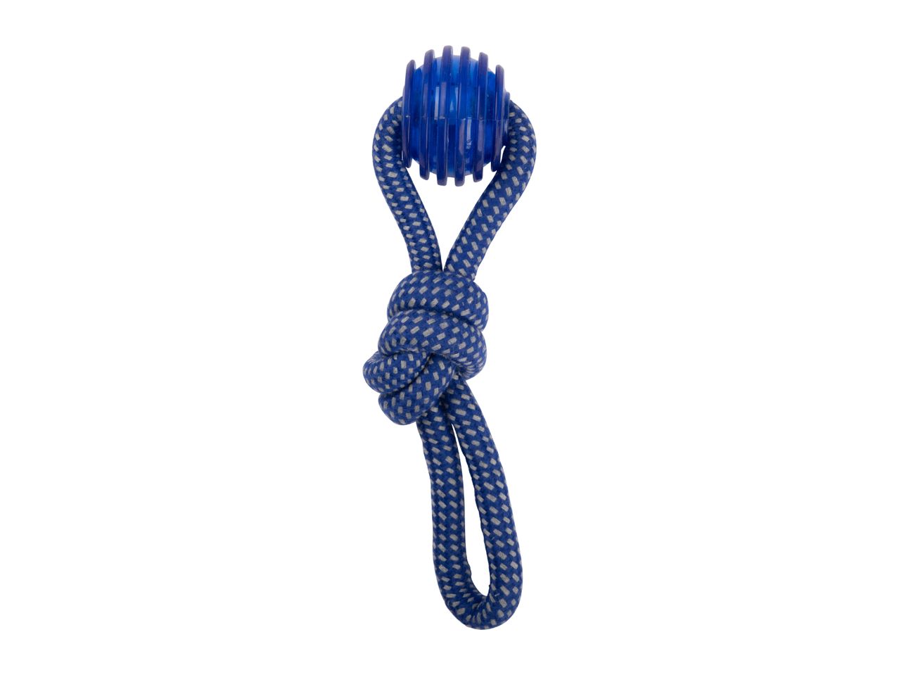 A blue rope dog toy with a blue rubber ball in the center.