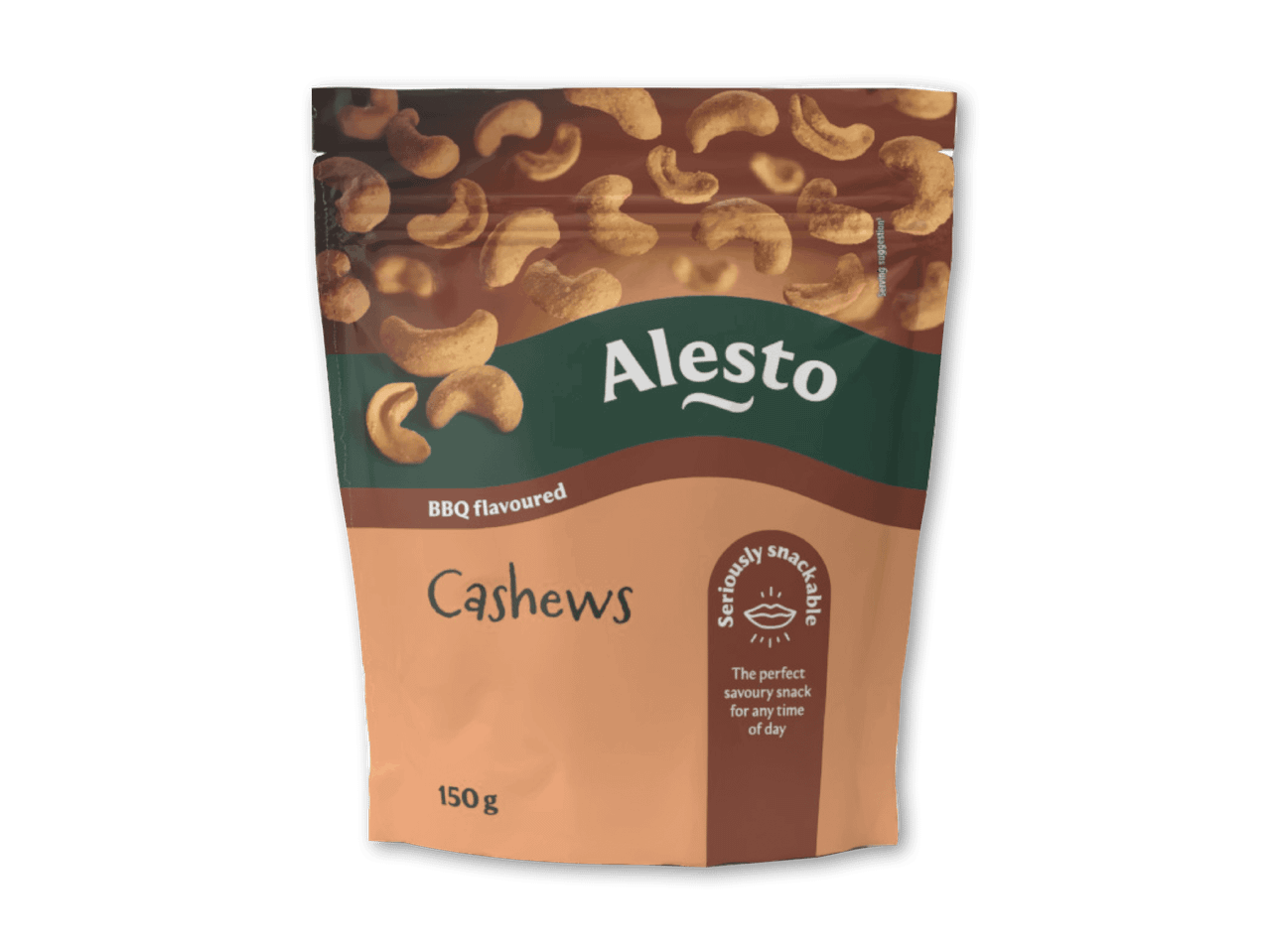Pose med BBQ-smagte cashewnødder, der vejer 150g.