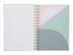 Open spiral notebook with lined pages on the left and a pocket folder on the right.