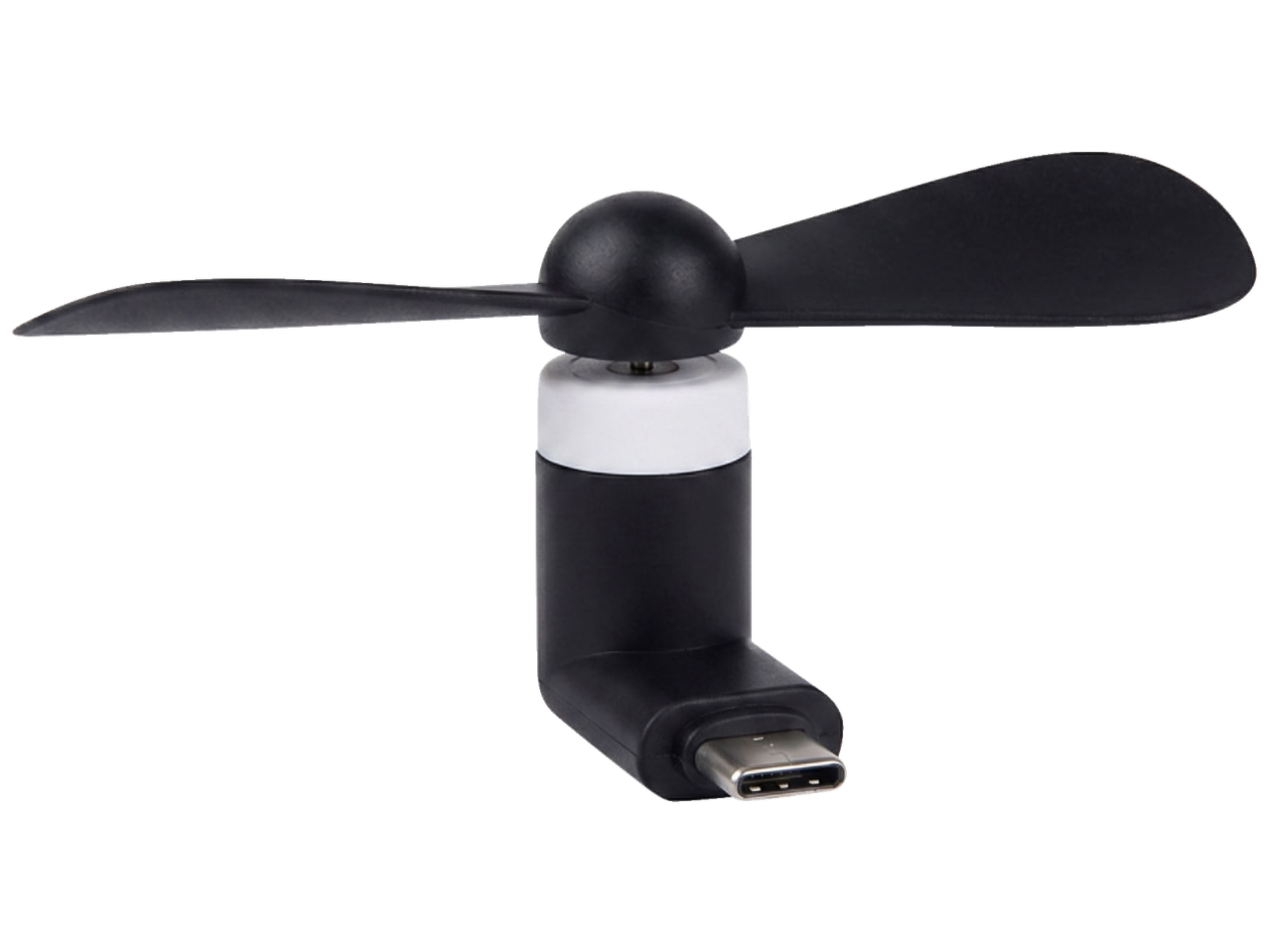Mini ventilador USB-C preto com duas pás e uma gola branca.