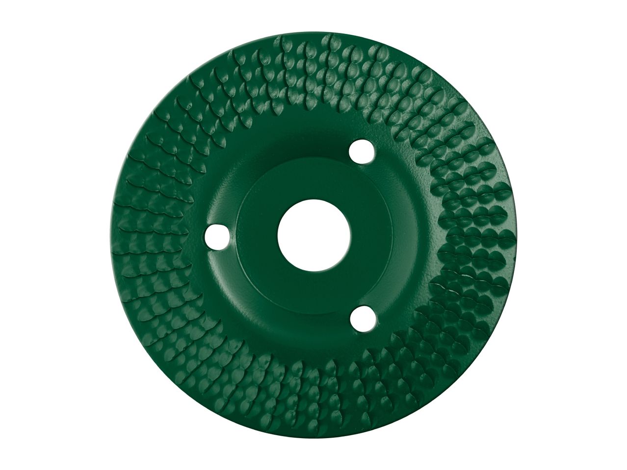 Green wood carving disc with a textured surface and three holes.