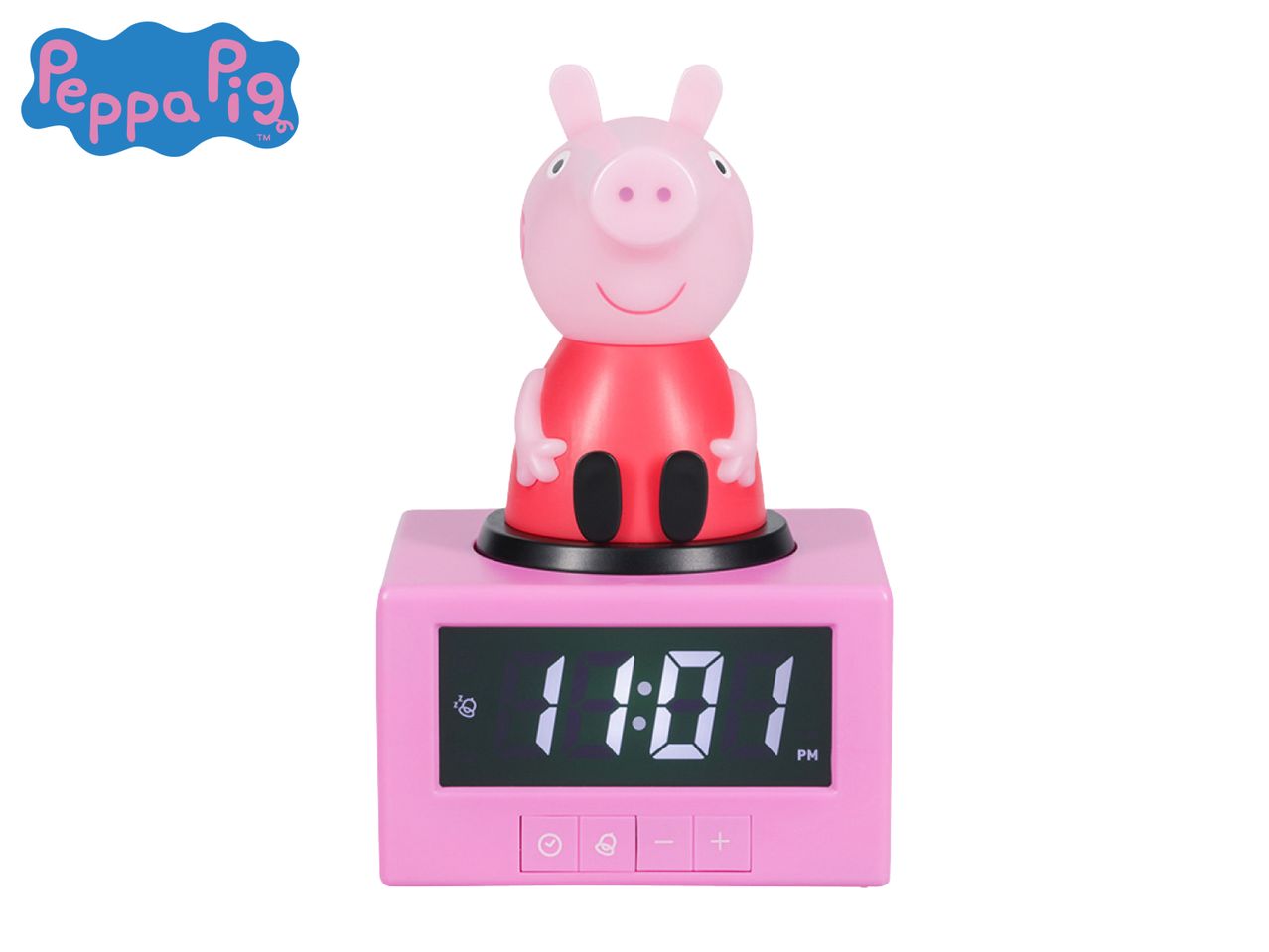 Pink Peppa Pig alarm clock with digital display showing 11:01 PM.