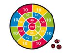 Colorful dartboard with numbers and three red balls with black straps