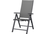 A grey folding garden chair with armrests, angled to show the seat and backrest.