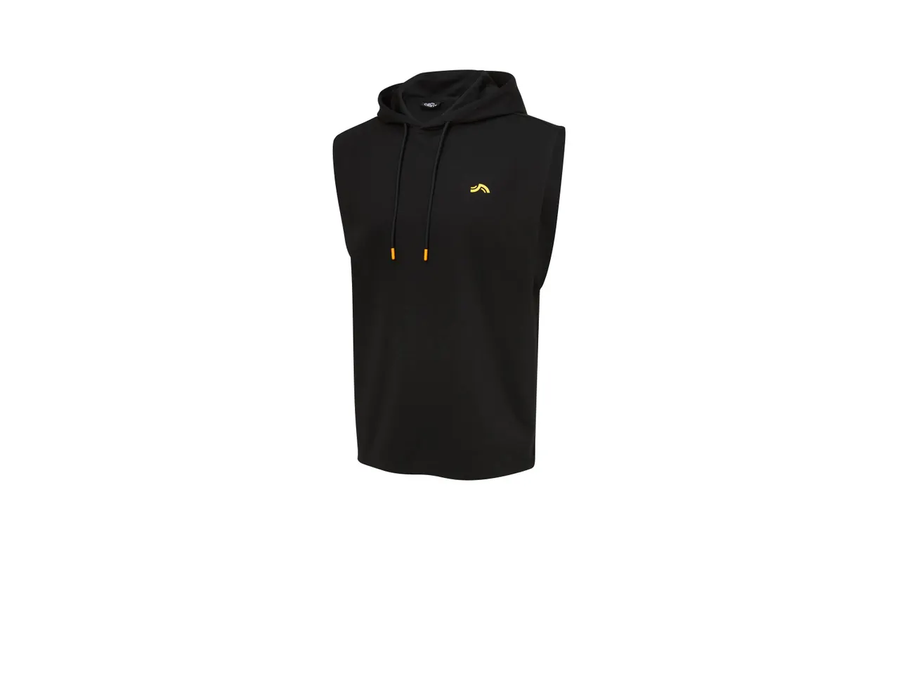Felpa con cappuccio nera senza maniche con logo giallo.