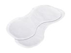 Two white, contoured nursing pads overlapping on a plain white background.