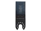 A black and blue oscillating saw blade with measurement markings and text.