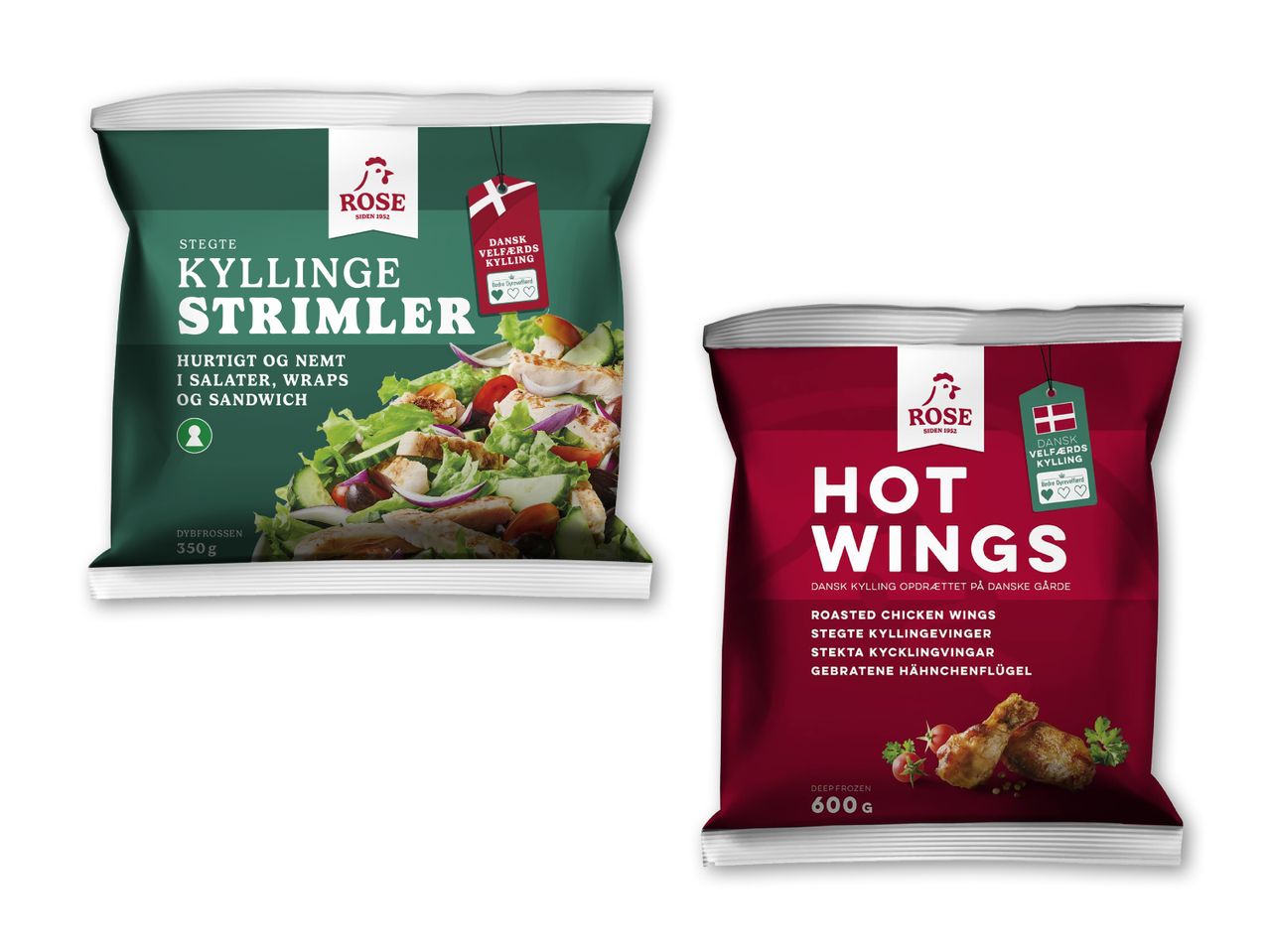 To poser Rose kyllingeprodukter: stegte kyllingestrimler og hot wings.