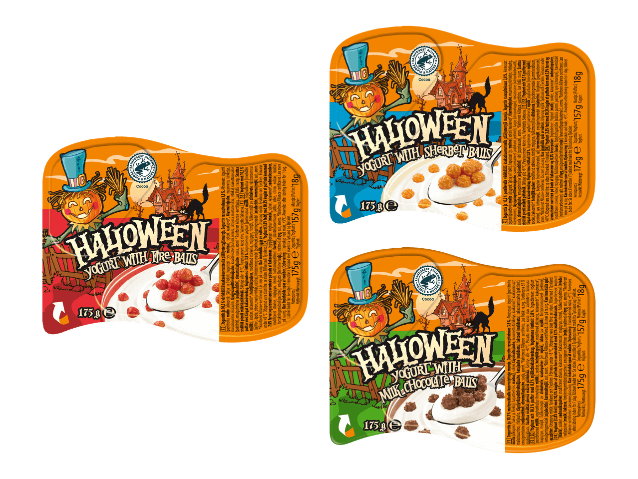 Kolme erilaista Halloween-teemaista jogurttia, joissa on mukana värikkäitä palloja.