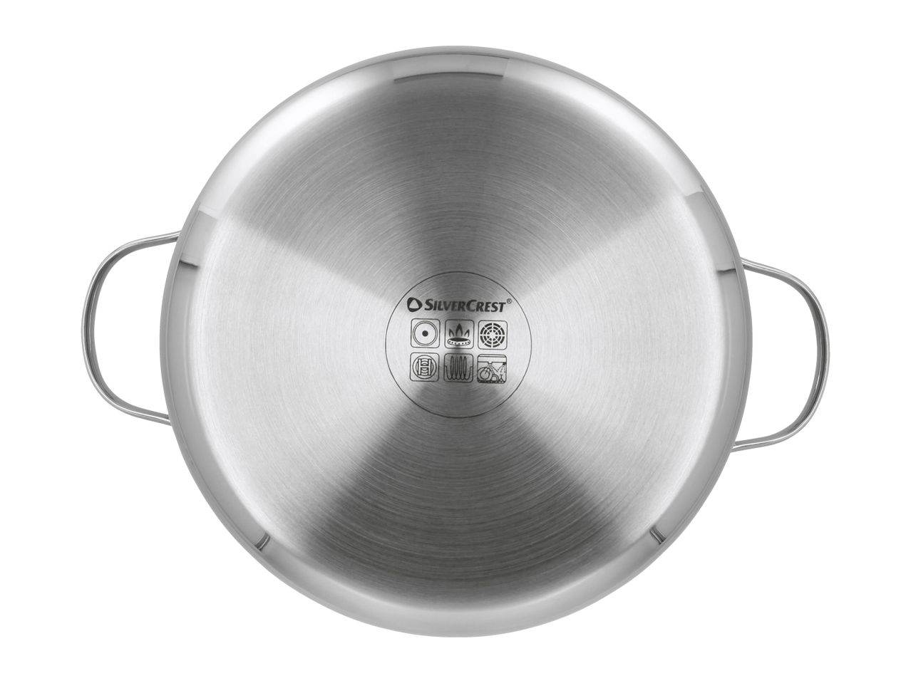 Bottom of a stainless steel cooking pot with symbols for various hob types and dishwasher safety.