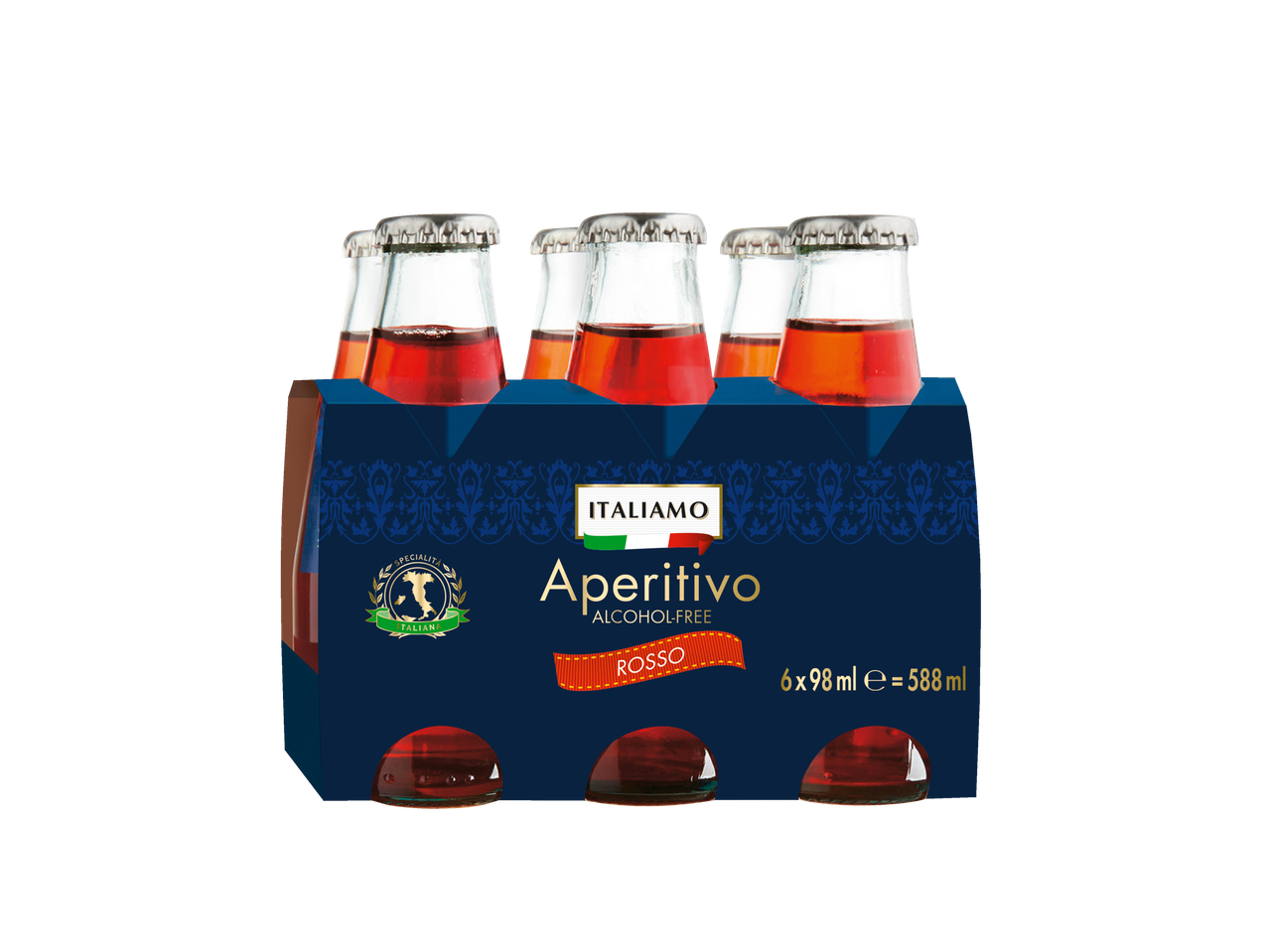 Seis garrafas de Italamo Aperitivo Rosso sem álcool em uma caixa.
