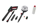 Pressure washer gun with various attachments, including a brush and detergent bottle.