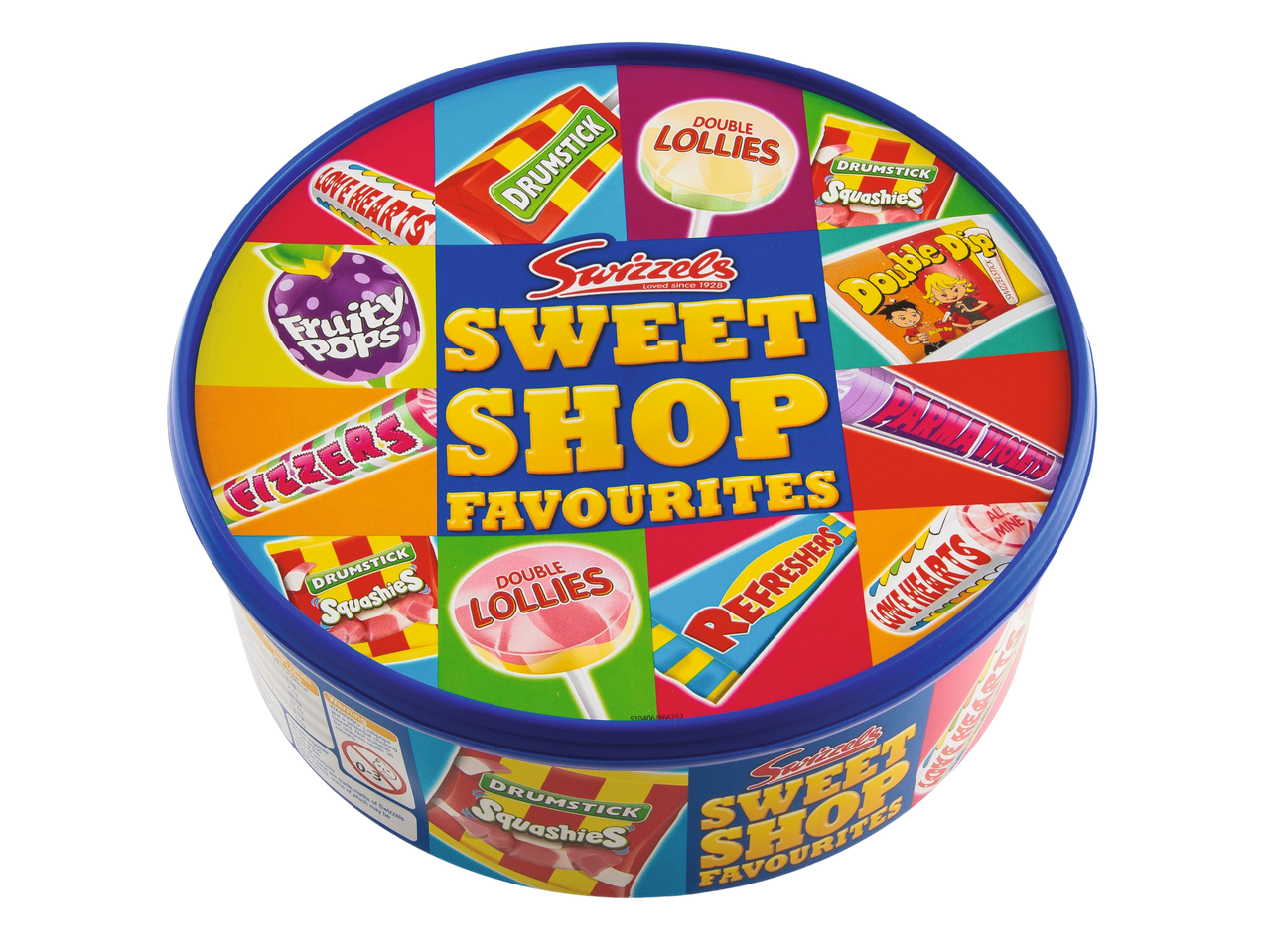 Swizzels Sweet Shop Favourites candy tin featuring Drumstick, Love Hearts, and Double Lollies.