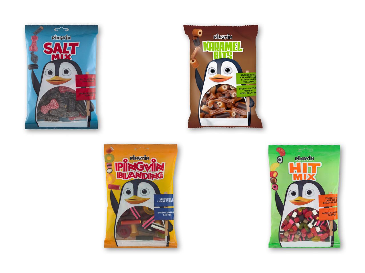 Fire poser med Happy Penguins snacks i forskellige varianter.