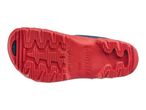 Red and blue shoe sole with a textured grip pattern and embossed text.