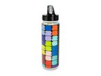 Clear water bottle with a black lid and a colorful pattern of abstract shapes.