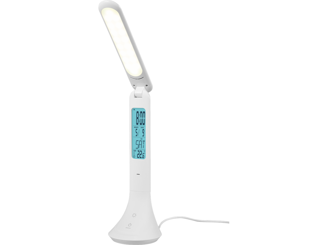 Lampă de birou LED LIVARNO HOME cu afișaj digital care arată ora, data și temperatura.