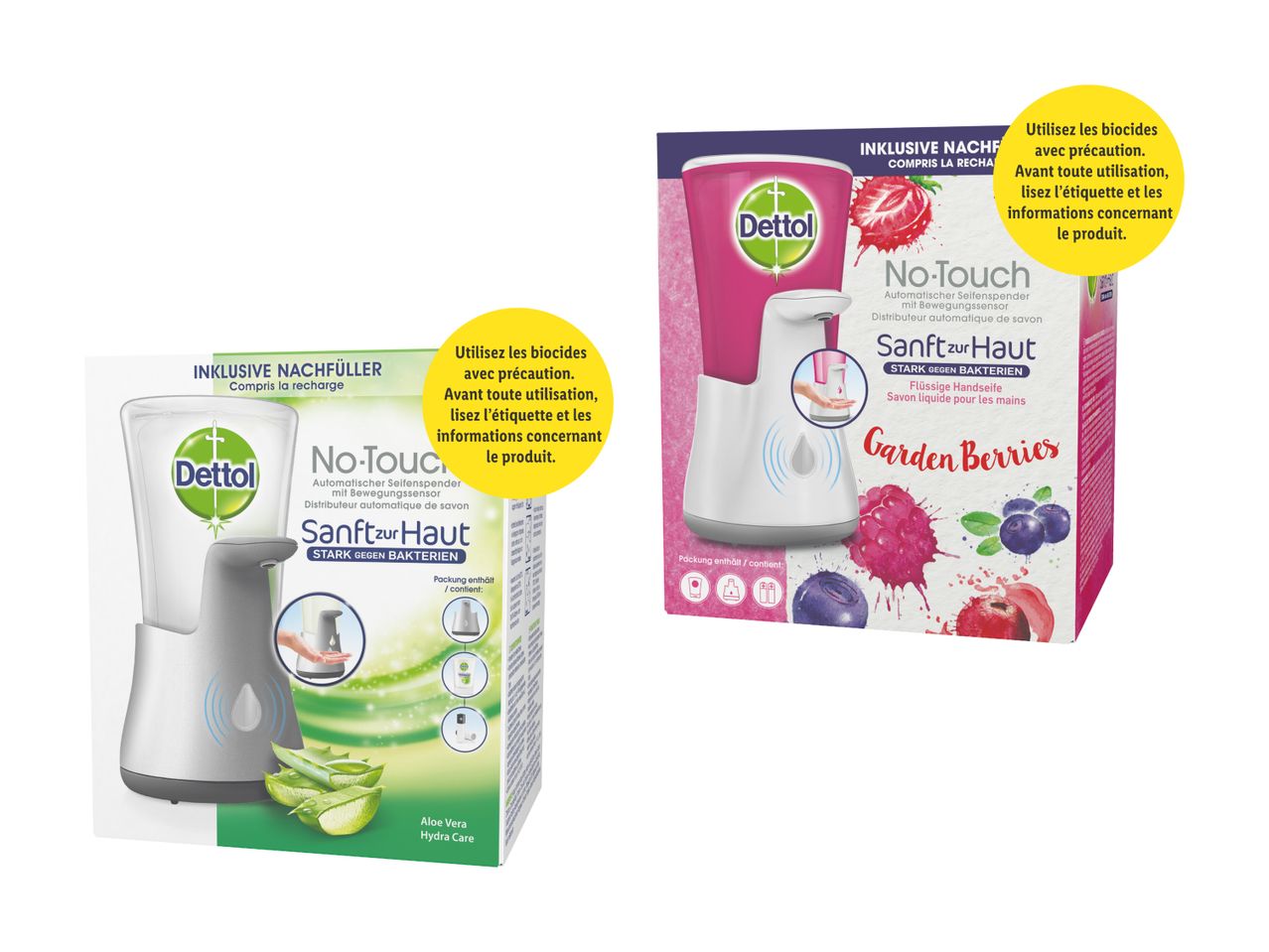 Distributeur de savon Dettol No-Touch avec recharges Aloe Vera et Garden Berries.