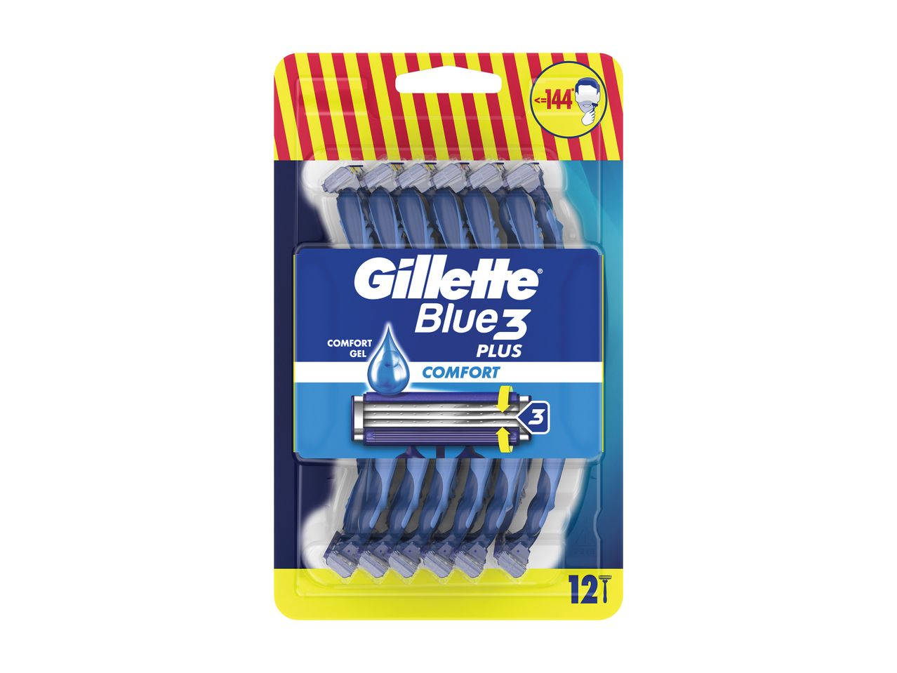Συσκευασία ξυραφιών Gillette Blue3 Plus Comfort με 12 ξυραφάκια.