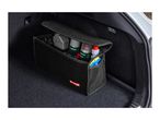 Car trunk organizer with cleaning supplies, gloves, and other car care items.