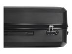 Close-up of a black hard-shell suitcase with a zipper and a combination lock.