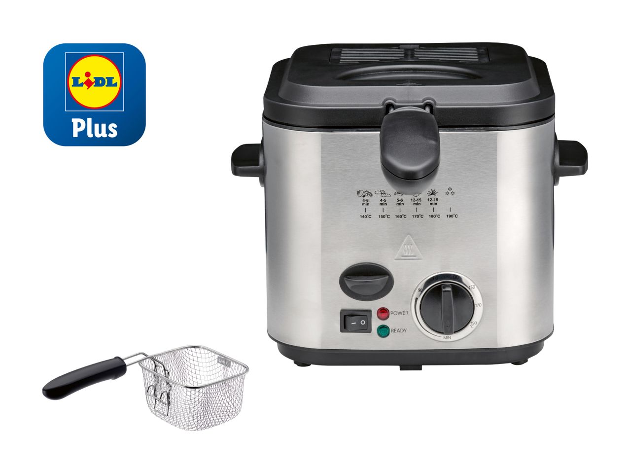 Friggitrice Lidl Plus: apparecchio in acciaio inox con cestello rimovibile.