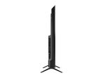 Side view of a black smart TV with a slim profile and two stand feet.
