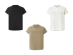 Drei Damen-T-Shirts in Schwarz, Weiß und Beige mit Spitzeneinsatz an den Schultern.