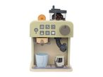 Wooden toy coffee machine with accessories, including a cup and milk frother.