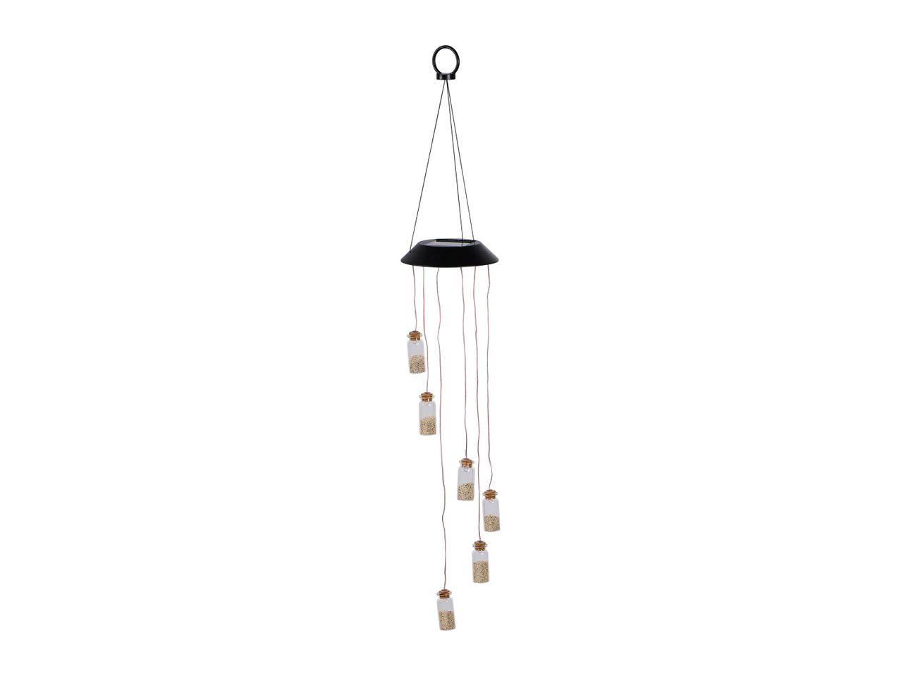 Solar-powered wind chime with small bottles.