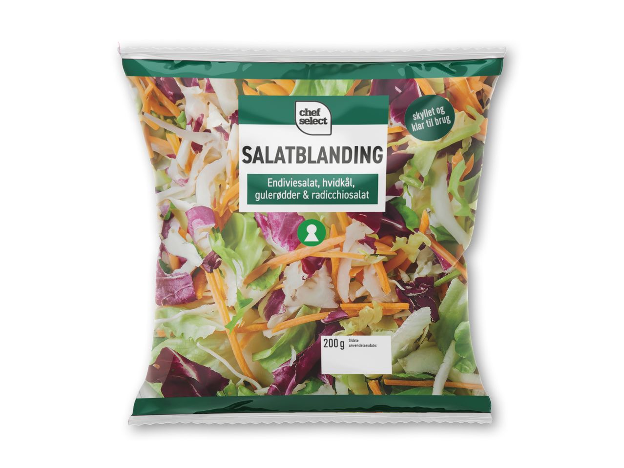 En pose med salatblanding indeholdende endiviesalat, hvidkål, gulerødder og radicchio, klar til brug.