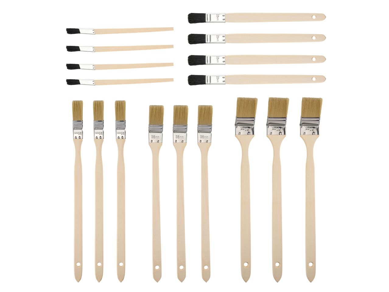 Set di pennelli per pittura, con setole naturali e manici in legno.