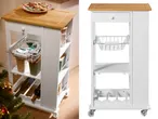 Бяла кухненска количка с бамбуков плот, чекмедже, кошница, рафтове и поставка за бутилки.