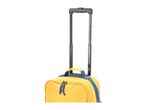 Yellow travel bag with blue accents and an extended black telescopic handle