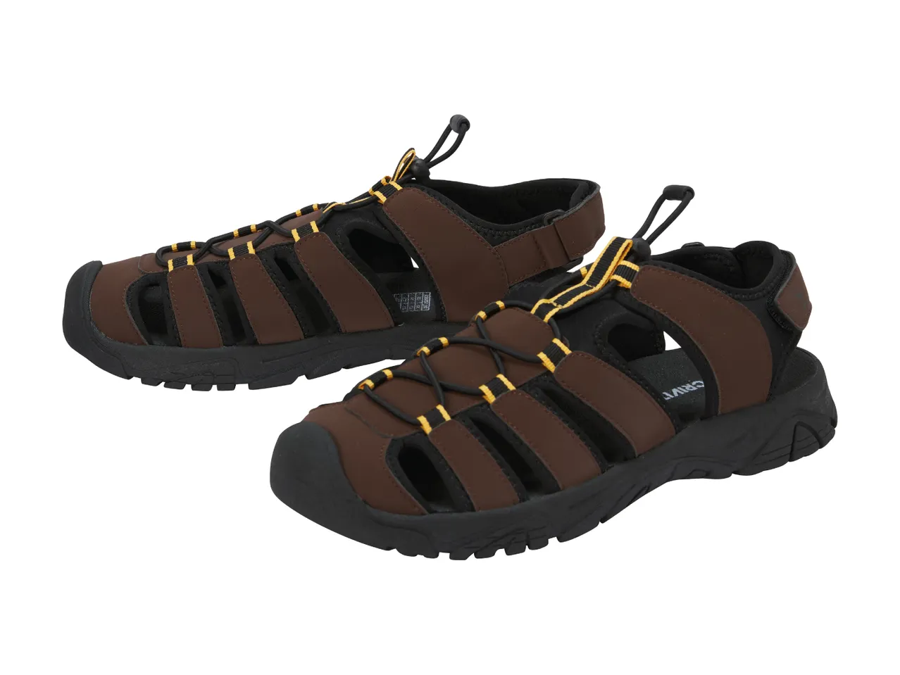 Pair of men's brown and black outdoor sandals with yellow accents and adjustable laces.