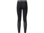 Black women's sports leggings with a wide waistband and mesh panels on the lower legs.