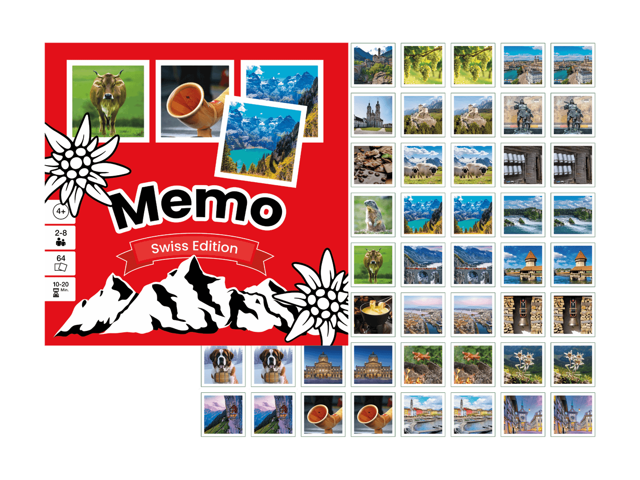 Schweizer Memory-Spiel mit Bildern von Kühen, Bergen und Landschaften.
