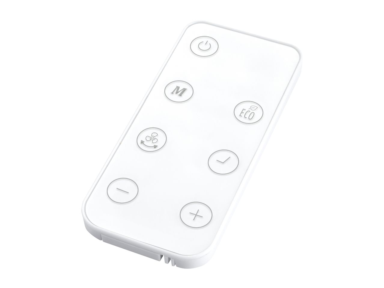White remote control with power, mode, eco, fan, timer, and temperature buttons