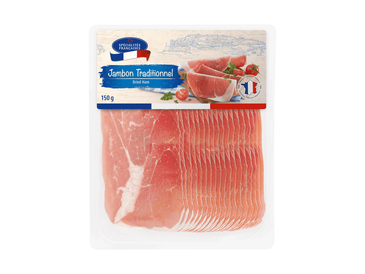 Confezione di prosciutto crudo tradizionale francese da 150 g.
