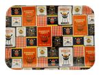 A rectangular serving tray with a repeating pattern of barbecue party invitations and checkered designs.