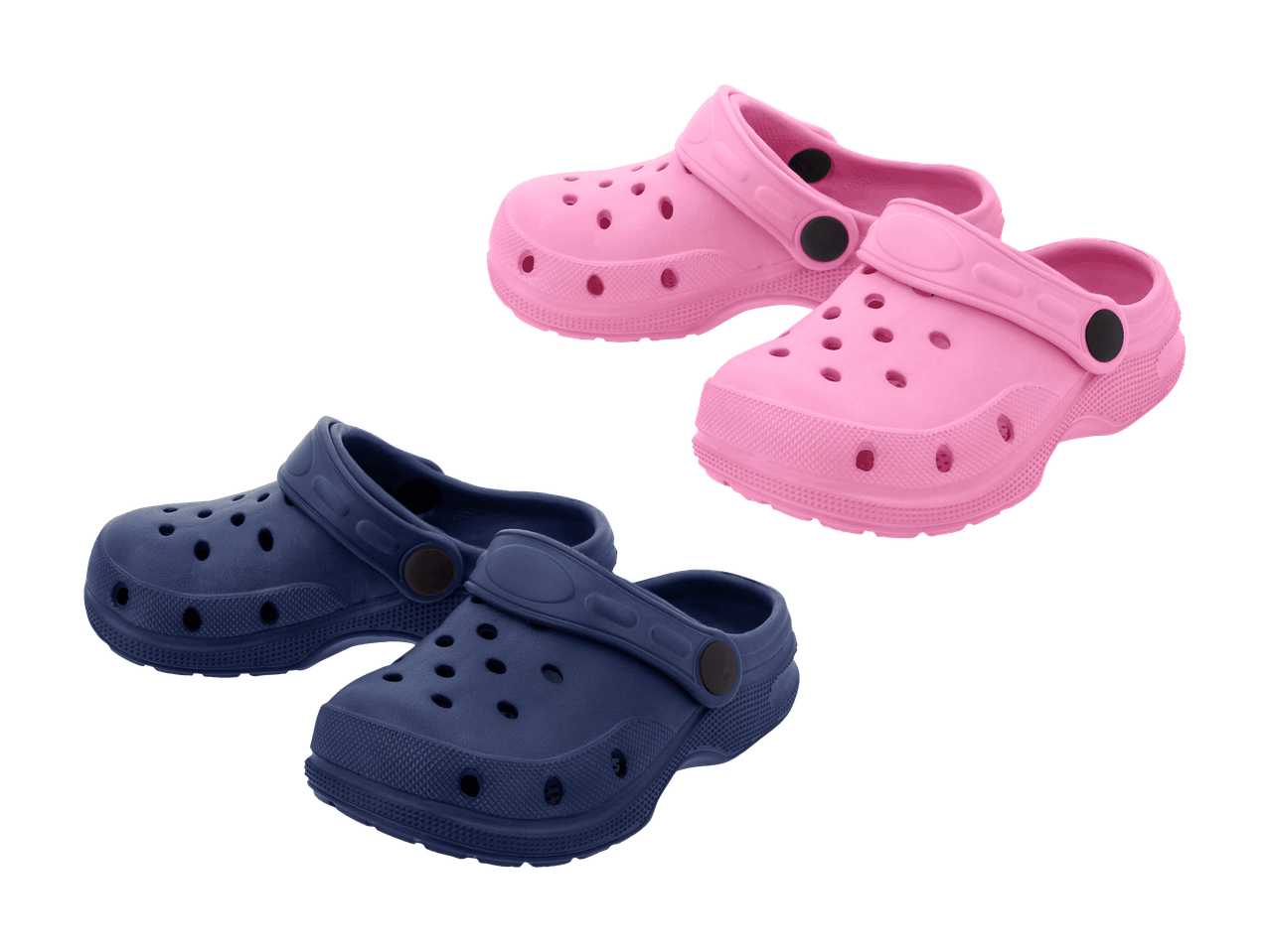 Deux paires de sabots en plastique, une rose et une bleu marine, sur fond noir.