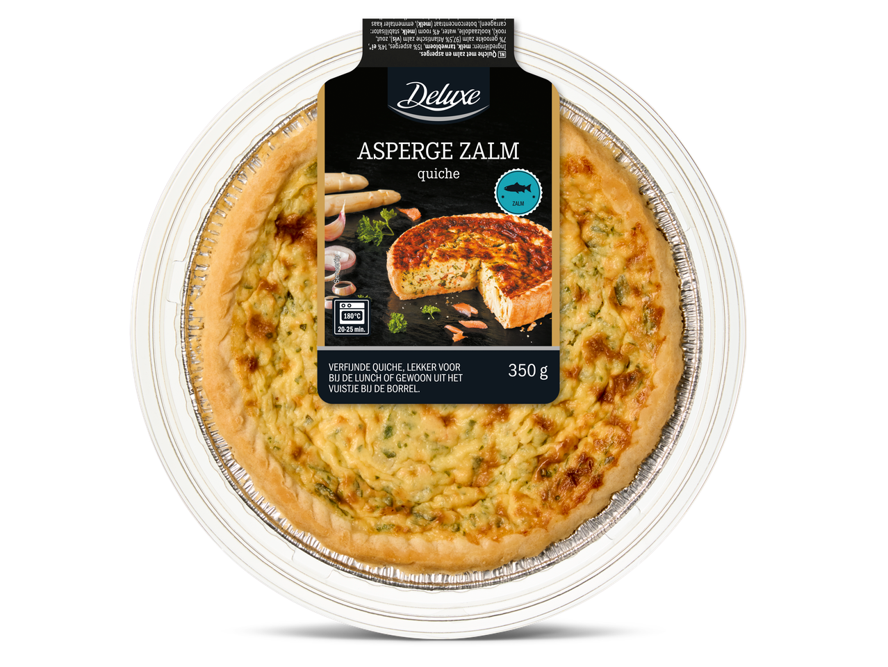 Deluxe Asperge Zalm Quiche, 350g, met bereidingsinstructies.