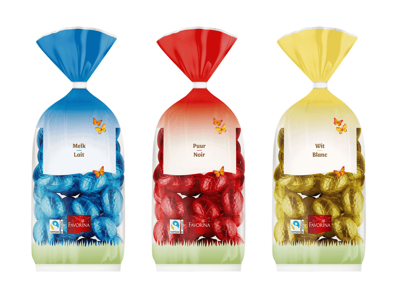 Drei Beutel mit Schokoladeneiern: Milchschokolade, Zartbitterschokolade und weiße Schokolade.