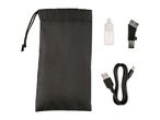 Black drawstring bag with a small oil bottle, cleaning brush, and USB cable.