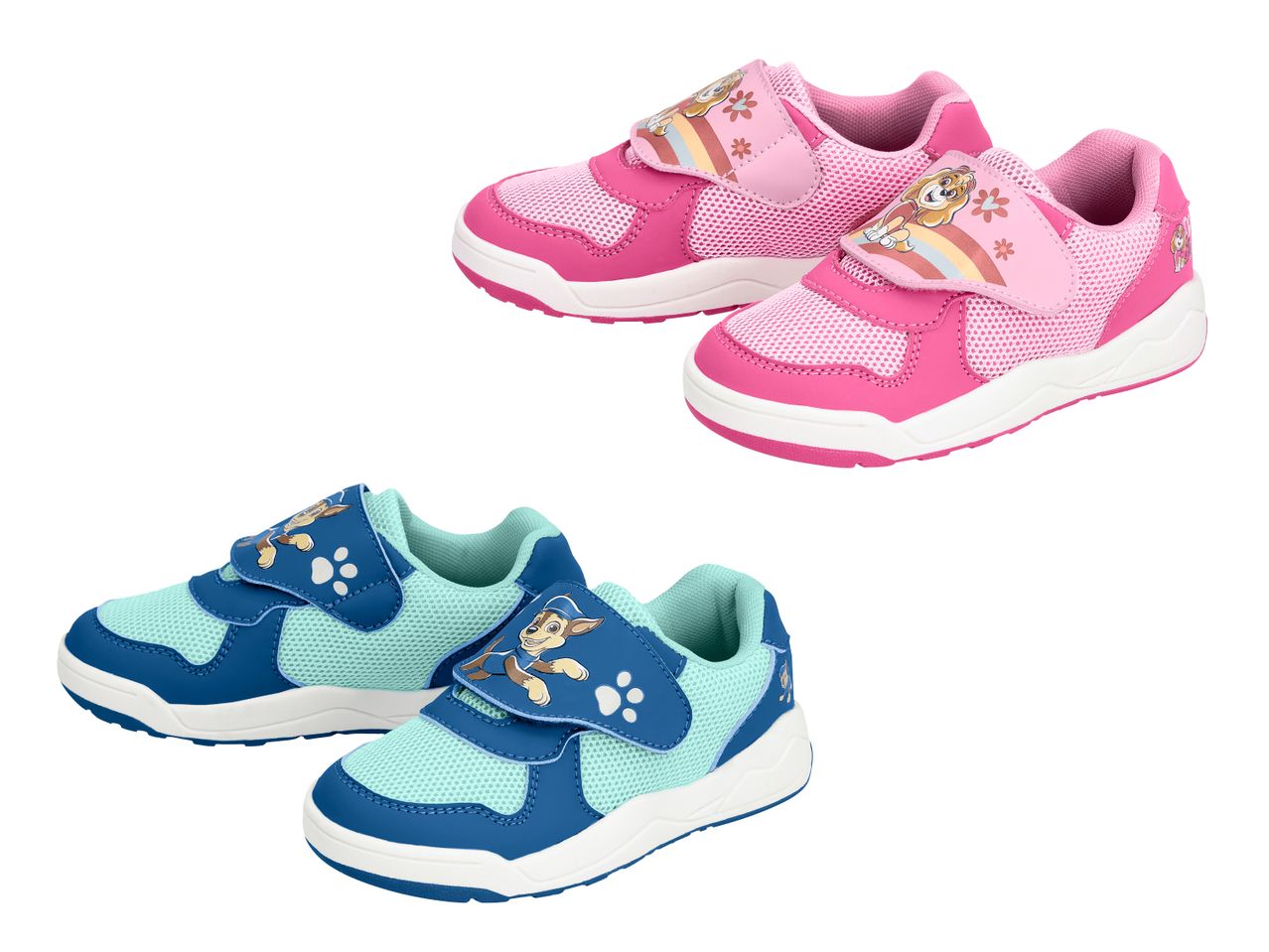 Zwei Paar Kindersportschuhe: pink mit Hundemotiv und hellblau/dunkelblau mit Hundemotiv